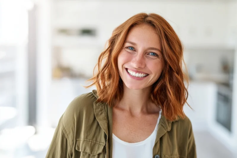 Smiling woman with wavy red hair in a bright modern kitchen