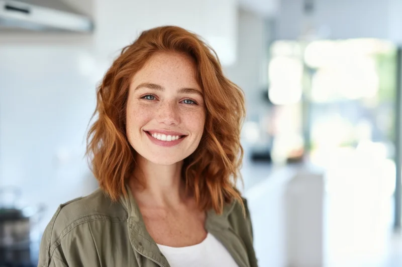Smiling woman with wavy red hair in a bright modern kitchen
