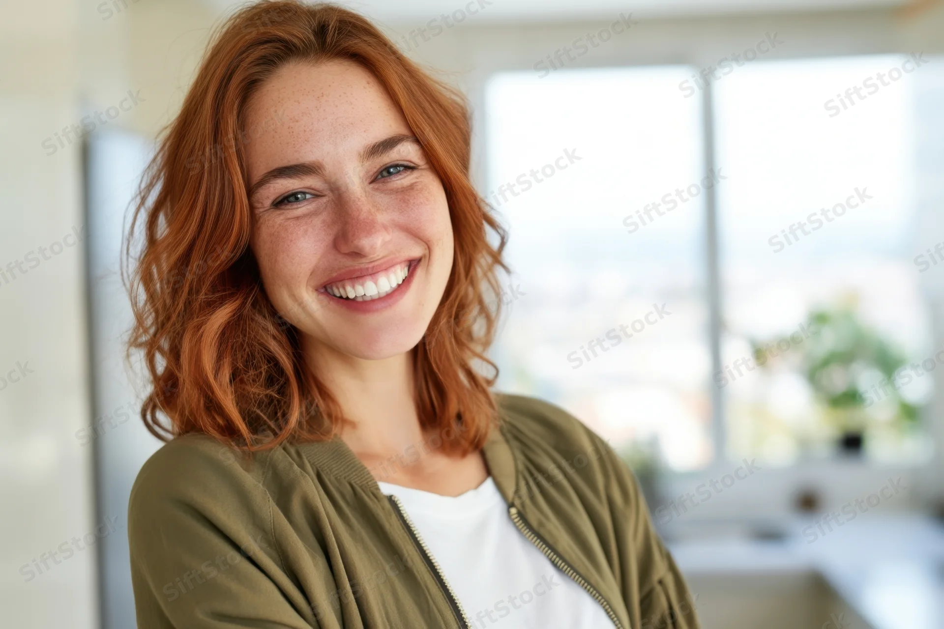 Smiling woman with shoulder-length wavy red hair wearing an olive green jacket and white t-shirt in a bright kitchen interior