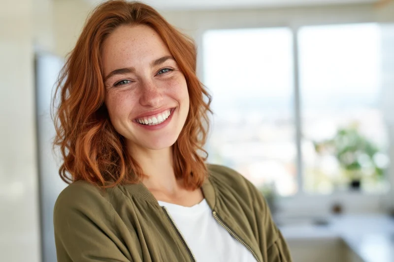 Smiling woman with shoulder-length wavy red hair wearing an olive green jacket and white t-shirt in a bright kitchen interior