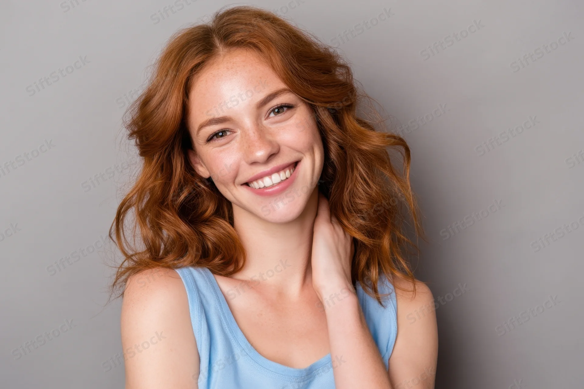 Smiling young woman with wavy auburn hair in a light blue tank top against a neutral gray background