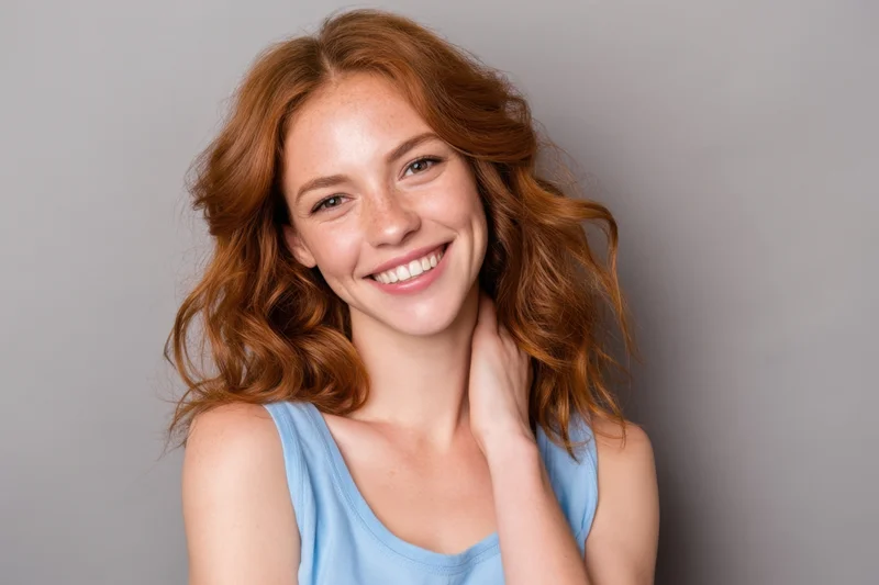 Smiling young woman with wavy auburn hair in a light blue tank top against a neutral gray background
