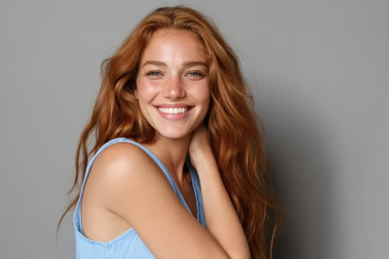 Smiling woman with wavy auburn hair wearing light blue top in studio portrait