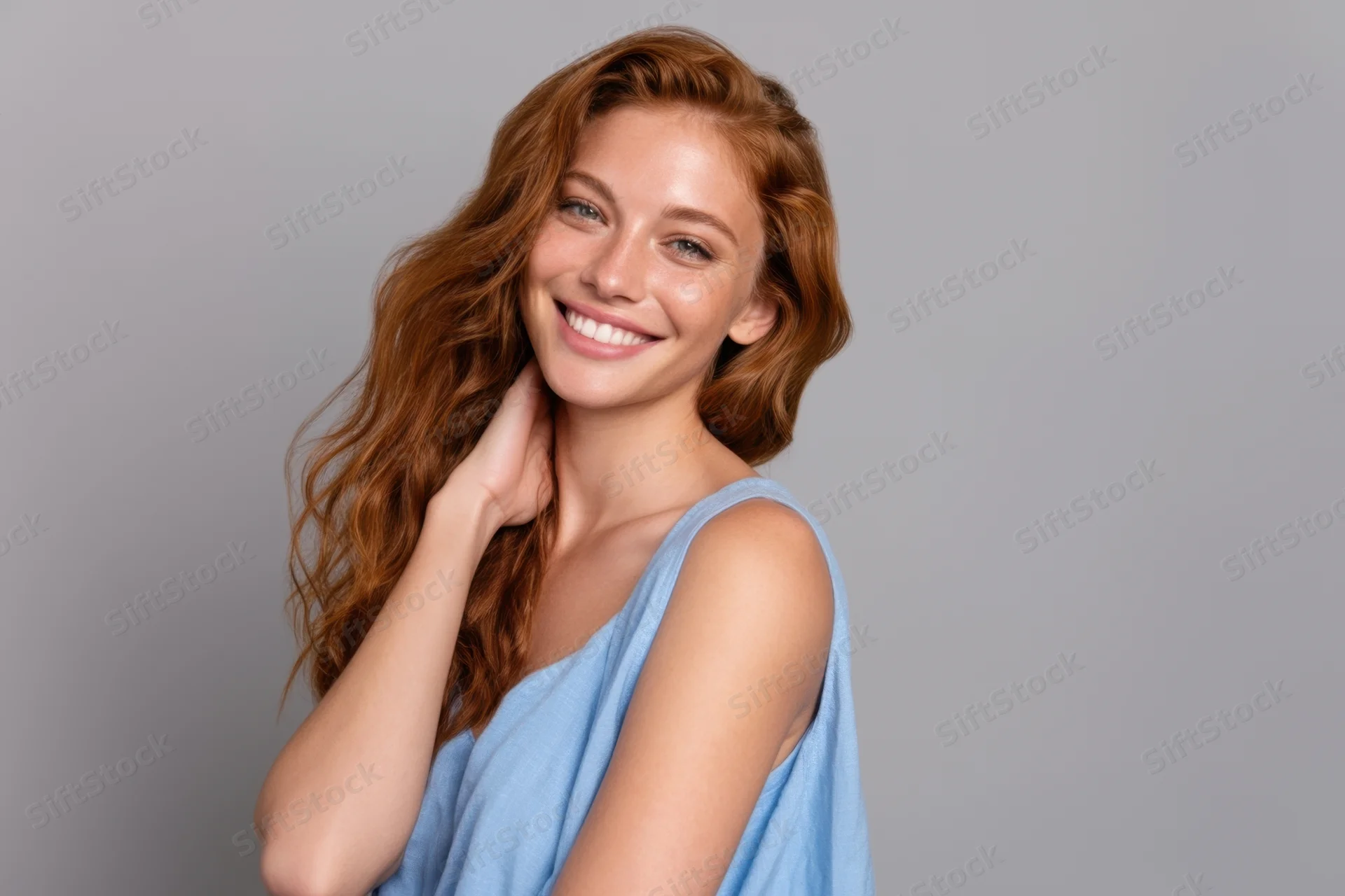 Smiling woman with wavy auburn hair touching her neck in a light blue sleeveless dress against a gray studio background