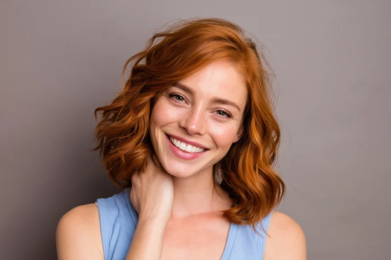 Smiling woman with wavy auburn hair touching her neck in a studio portrait