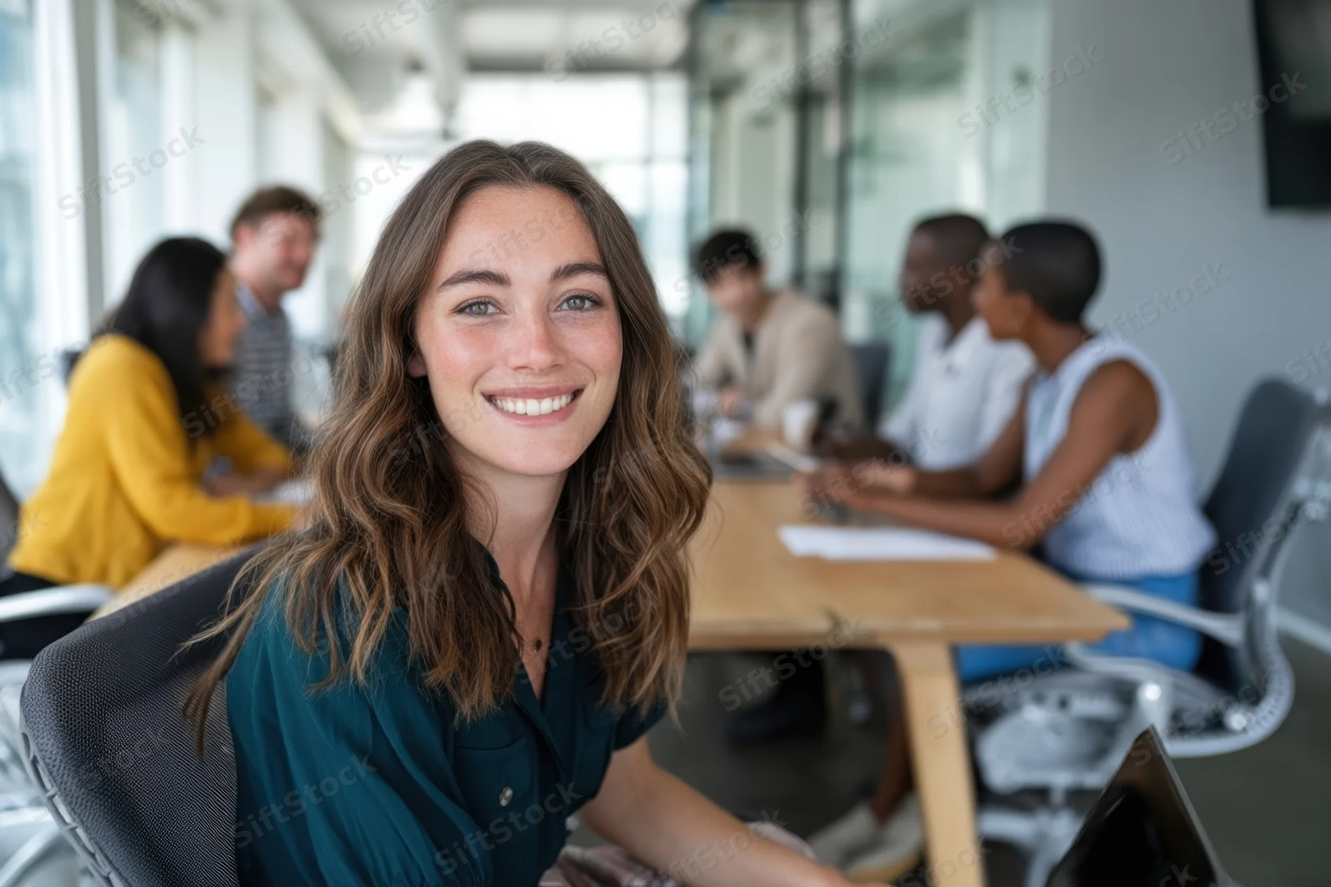 Smiling woman in office meeting with colleagues around table