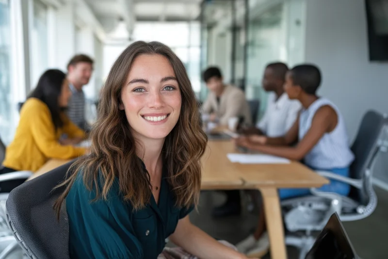 Smiling woman in office meeting with colleagues around table