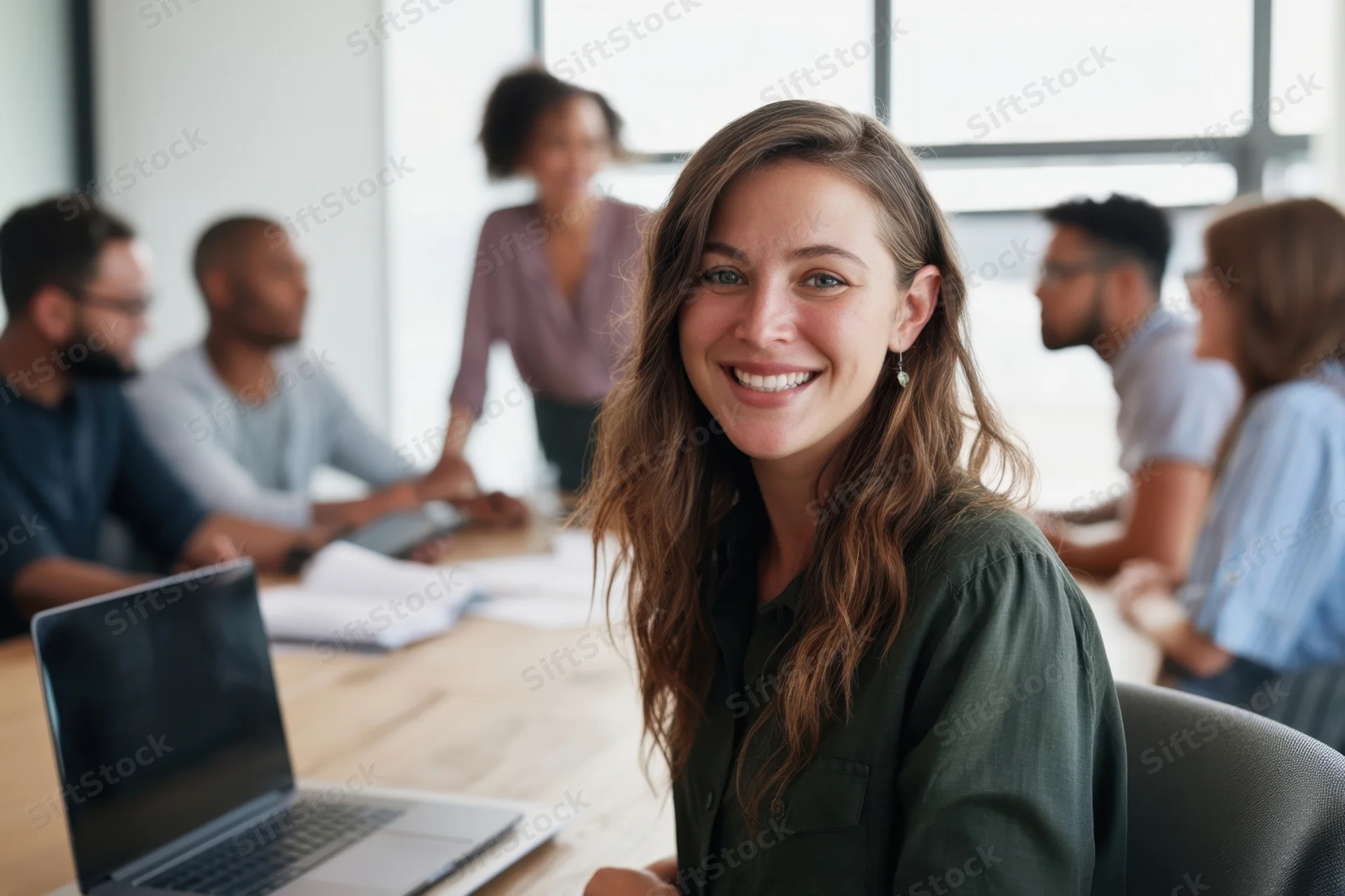 Smiling woman in green shirt sitting at conference table with colleagues in background during office meeting