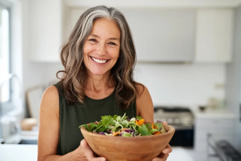 Smiling senior woman holding a wooden bowl of salad in a bright kitchen