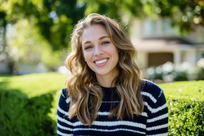 Smiling woman in striped sweater standing in front of green hedge and house