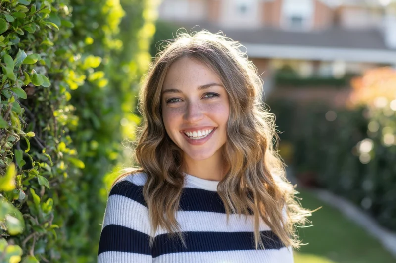 Smiling woman in striped sweater standing outdoors near green hedge