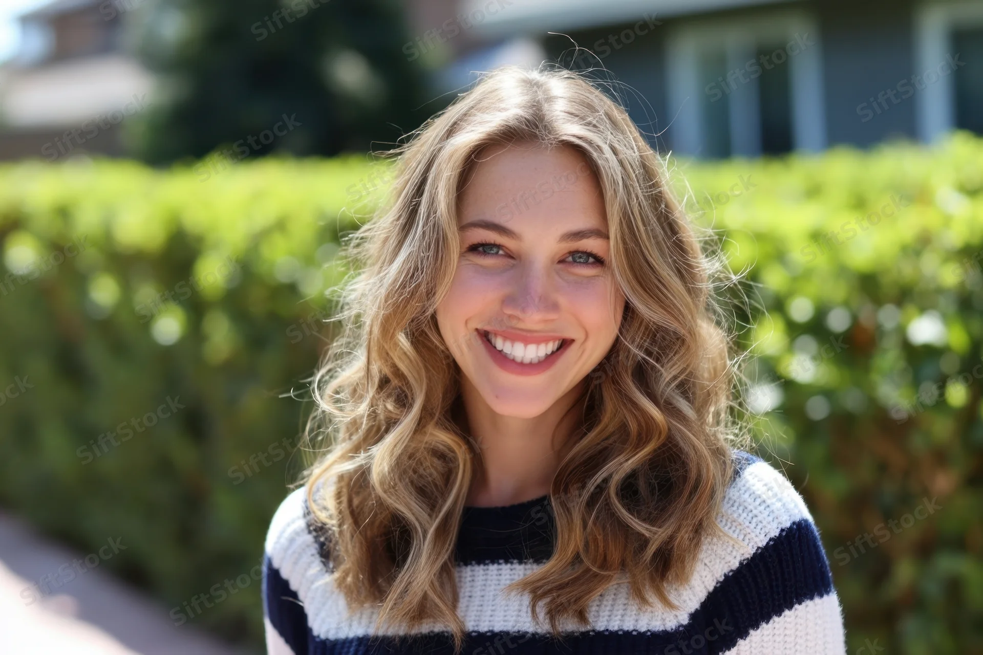 Smiling woman with wavy light brown hair wearing a navy and white striped sweater outdoors in a garden
