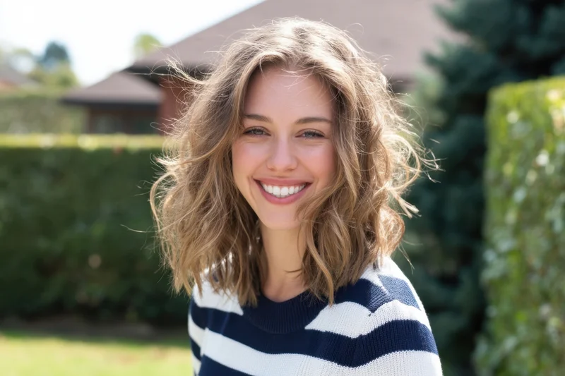 Smiling woman in striped sweater standing in front of a house with green hedge in garden
