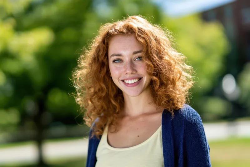 Young woman with curly red hair smiling outdoors in a sunlit park