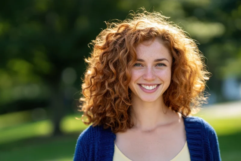 Smiling young woman with curly red hair in a sunlit park