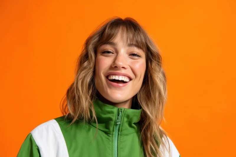 Young woman smiling with wavy light brown hair and bangs, wearing green and white jacket against orange background