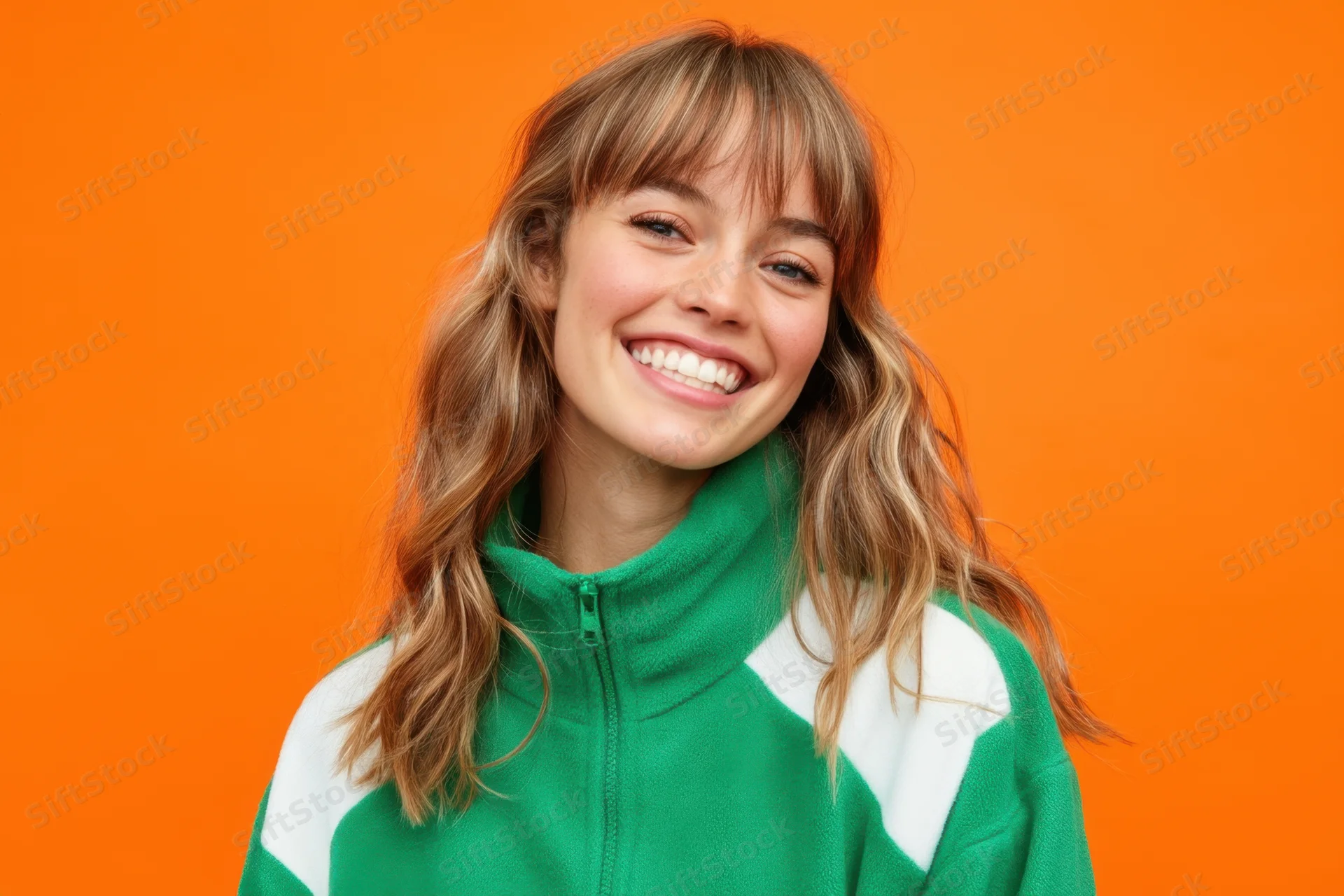 Young woman smiling with wavy light brown hair and bangs, wearing green and white fleece jacket against orange background