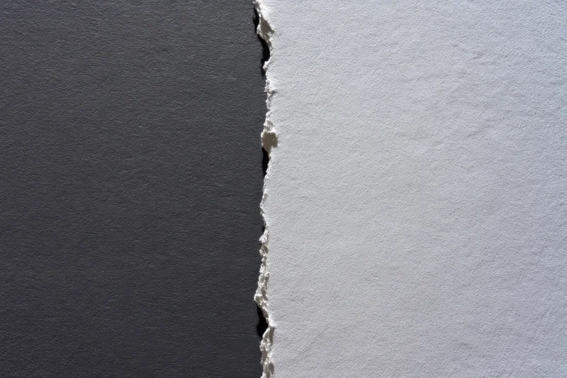 Torn edge of black and white paper split vertically, showing textured surfaces