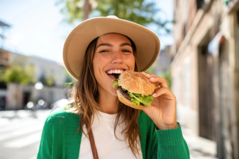Woman eating a burger on a city street smiling with hat and green cardigan
