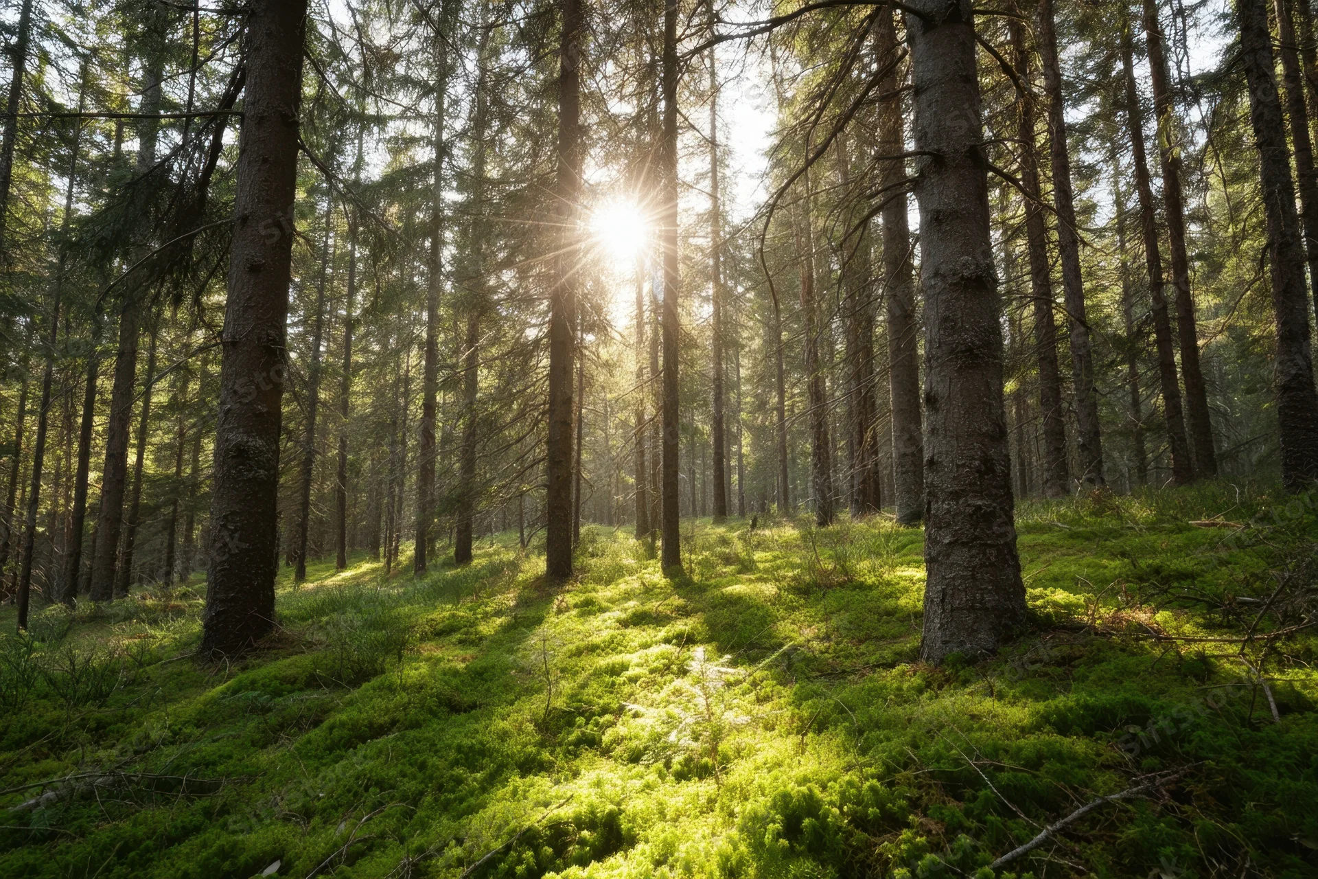Sunlight filtering through tall conifer trees onto a vibrant green mossy forest floor