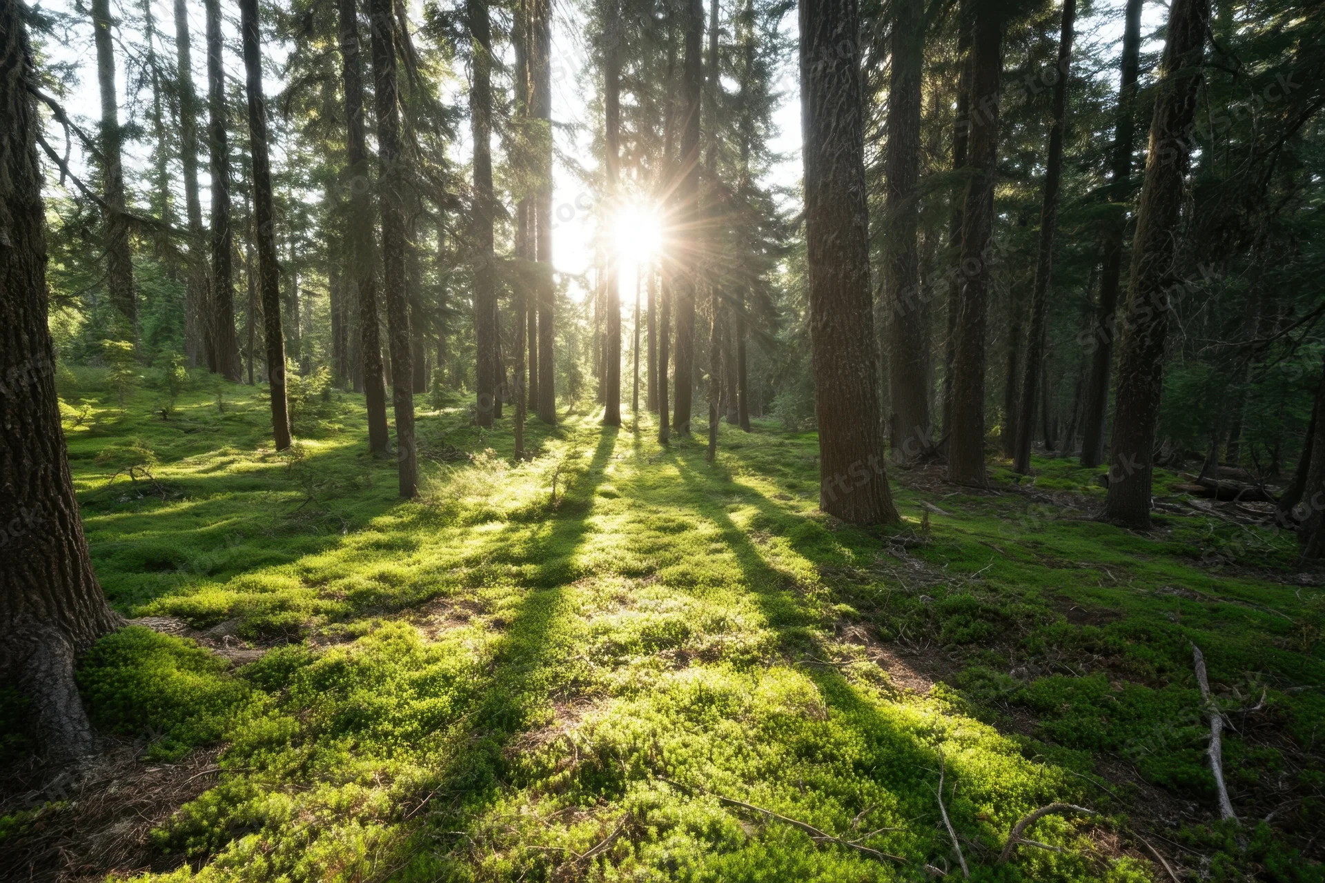 Sunbeams filtering through tall conifer trees onto a lush green mossy forest floor