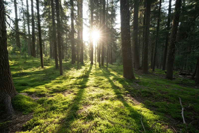 Sunbeams filtering through tall conifer trees onto a lush green mossy forest floor