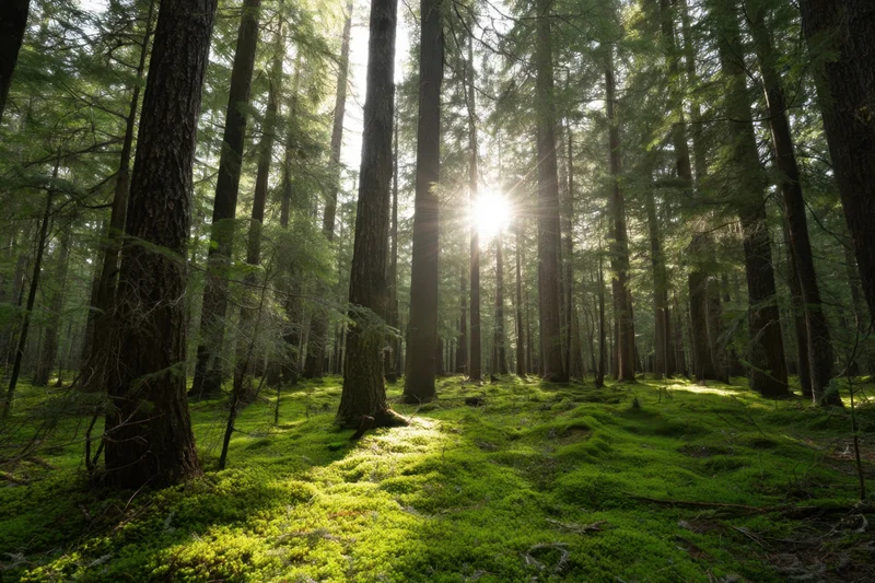 Sunbeams filtering through tall conifer trees onto a lush green mossy forest floor