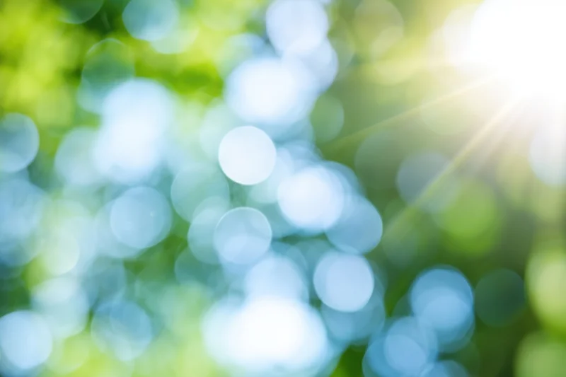 Sunlit abstract nature background with soft green and blue bokeh