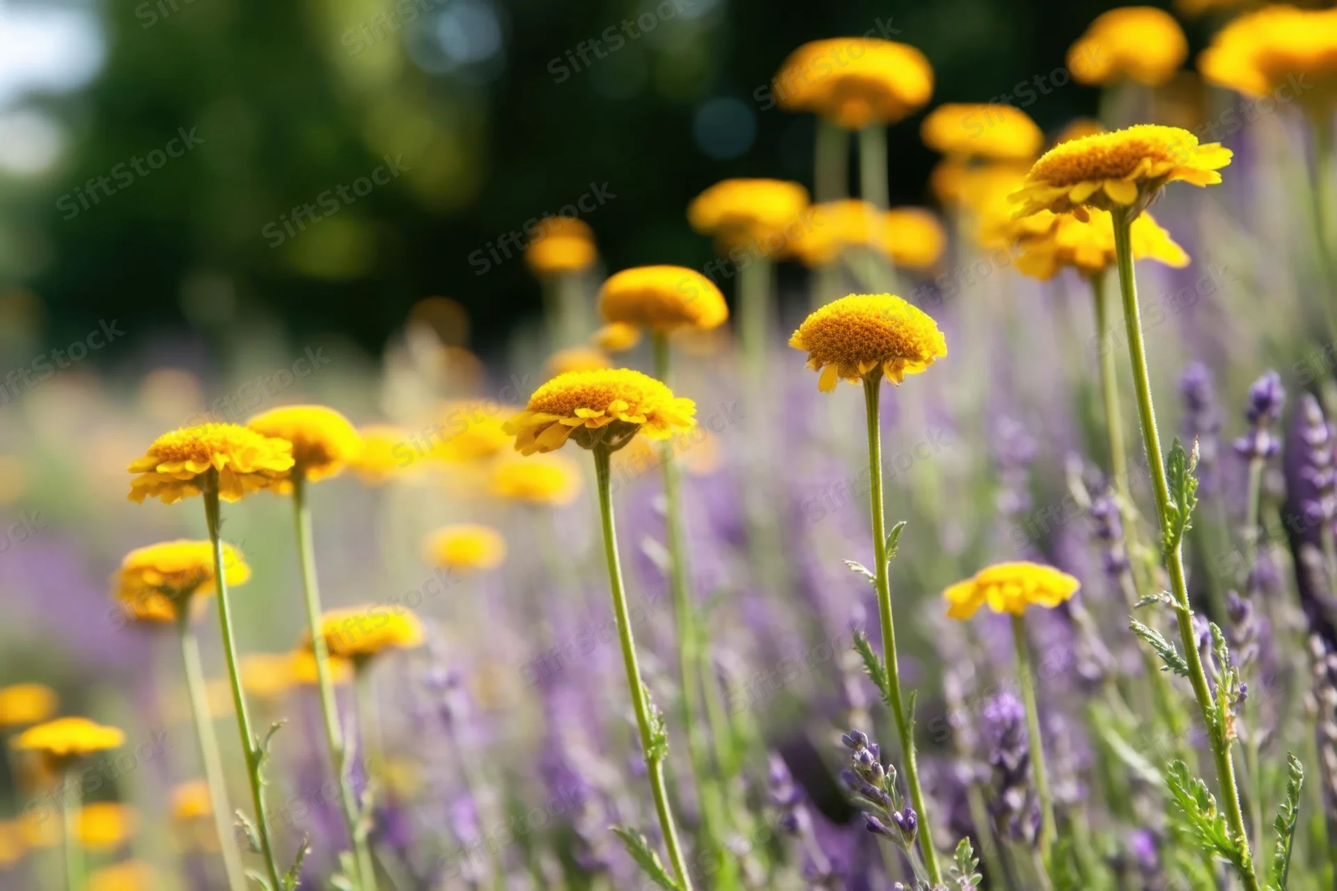 Yellow button flowers blooming in a sunlit field with purple lavender in the background