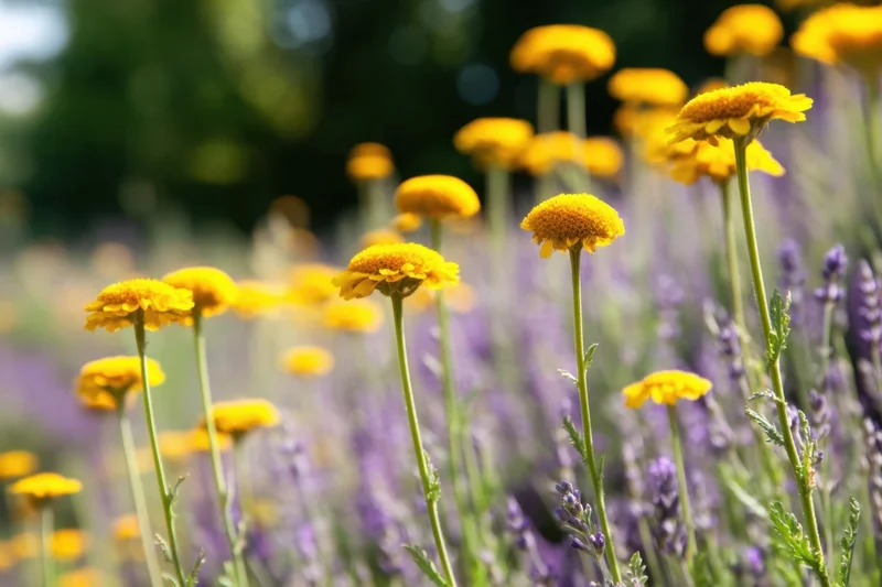 Yellow button flowers blooming in a sunlit field with purple lavender in the background