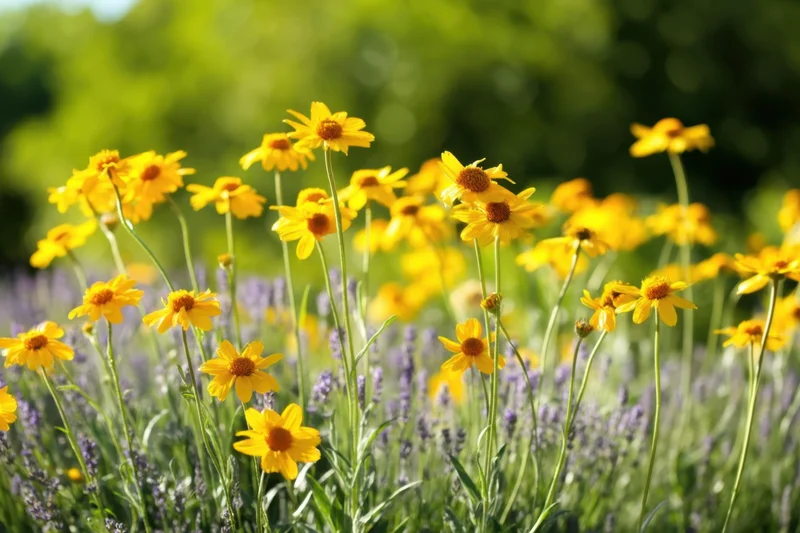 Yellow button flowers blooming in a sunlit garden field with lavender and green foliage