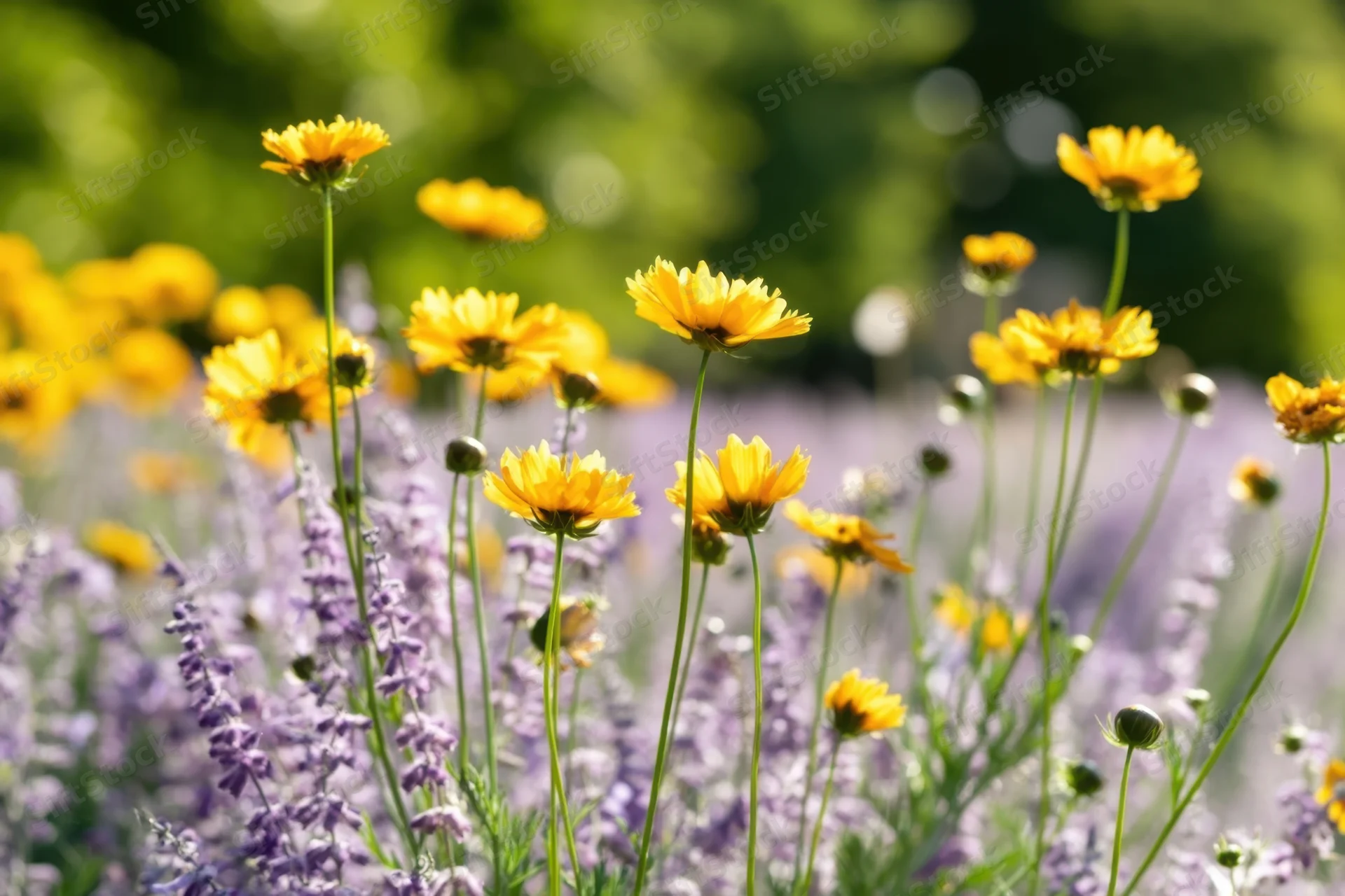 Yellow flowers blooming among purple lavender in a sunlit field