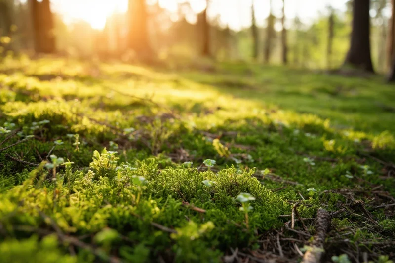 Moss-covered forest floor bathed in dappled sunlight with trees in the background