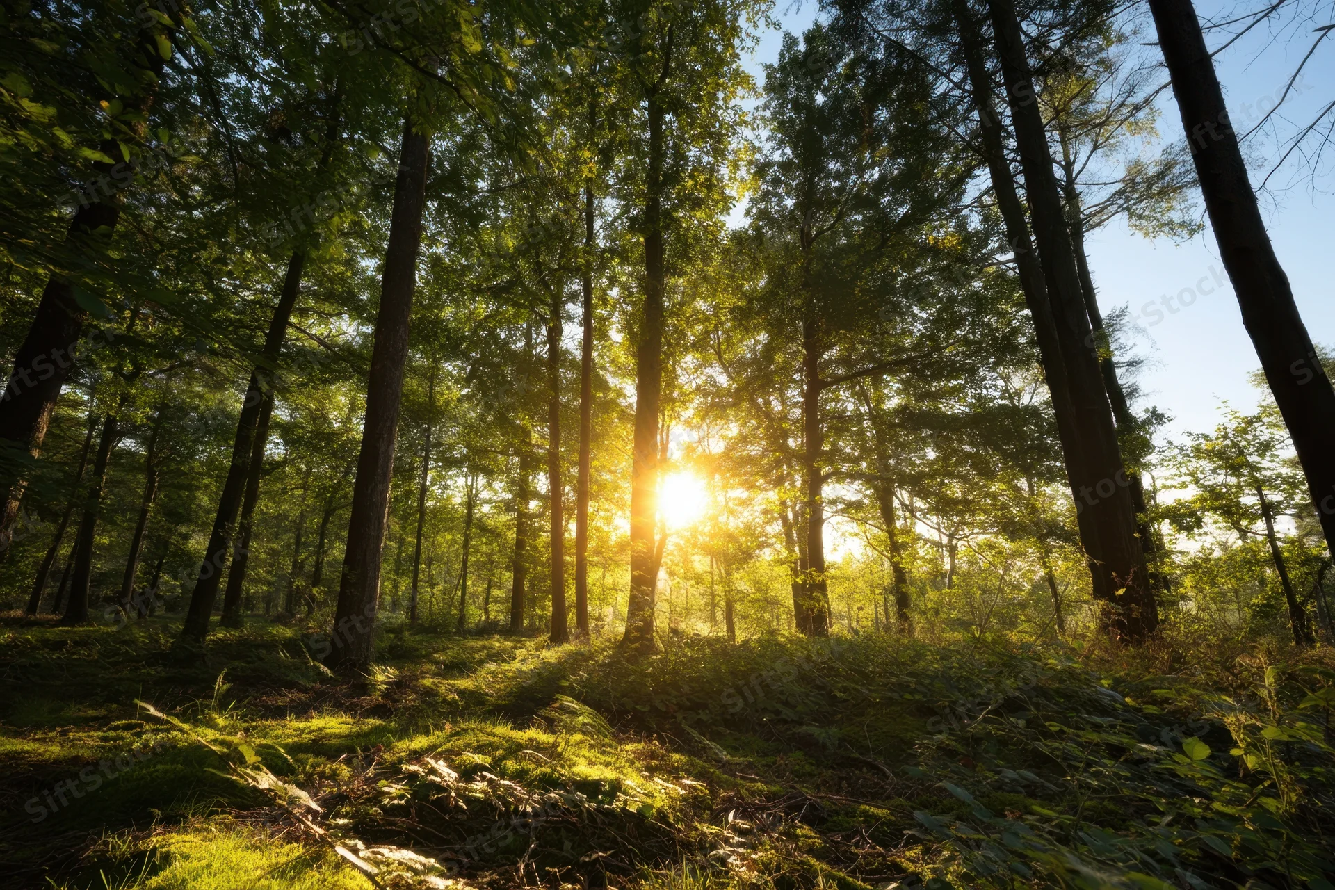 Sunlight streaming through tall trees in a dense forest with mossy ground and dappled light