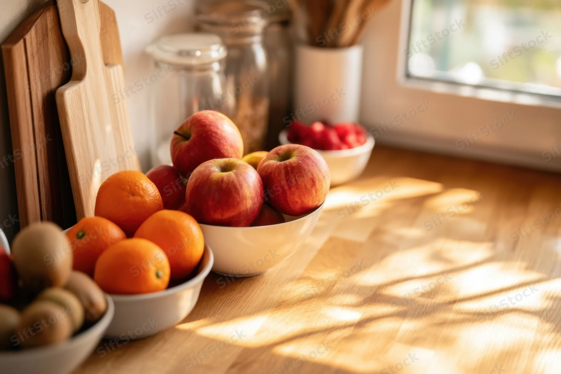 Bowls of apples, oranges and kiwis on a wooden kitchen counter by a sunlit window