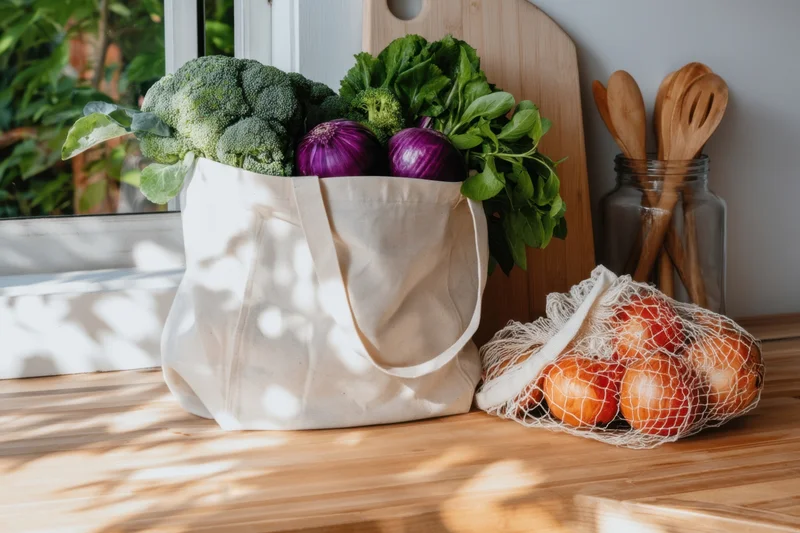 Canvas tote filled with fresh vegetables and onions on a sunlit kitchen counter beside wooden utensils and a cutting board