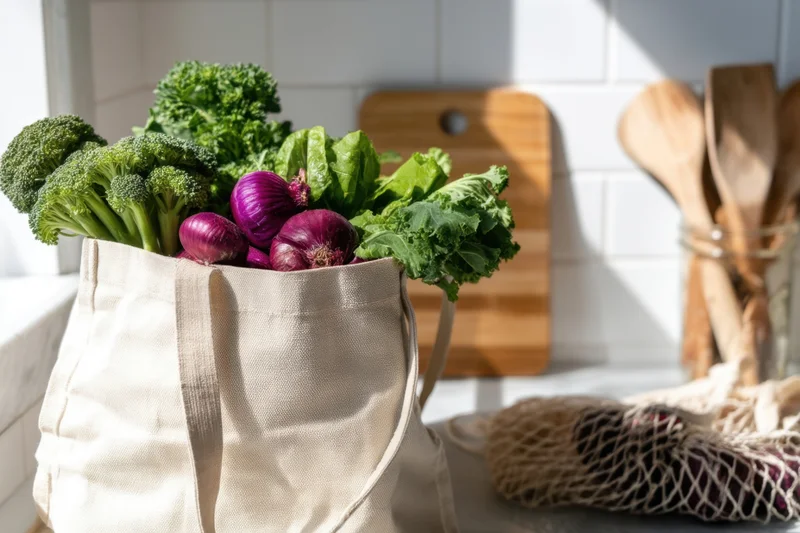 Canvas tote filled with fresh vegetables on a sunlit kitchen counter