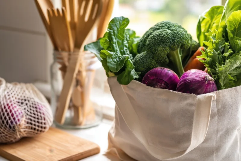 Canvas tote filled with fresh vegetables on a sunlit kitchen counter