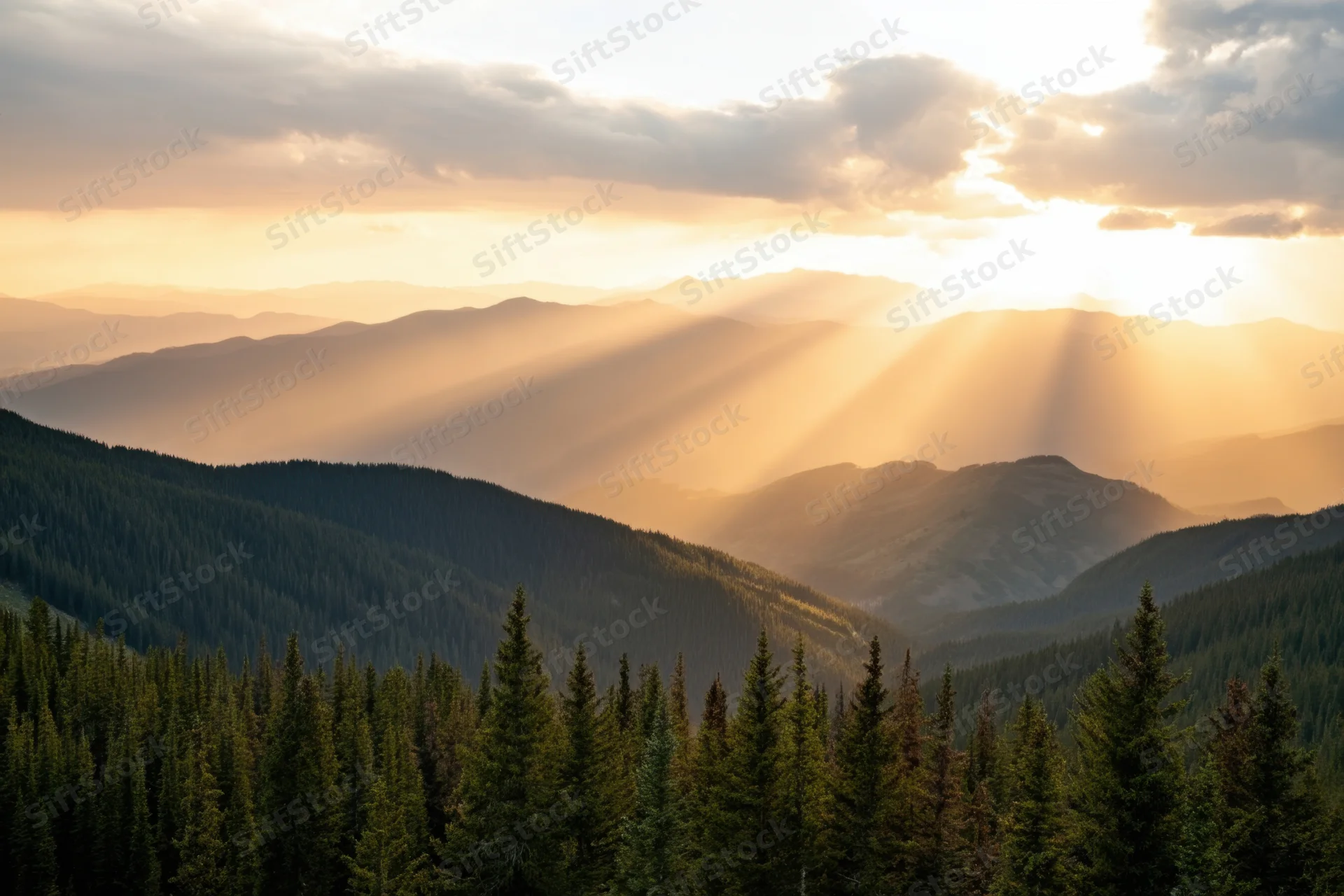 Golden rays of sun breaking through clouds over mountain range with pine forest below
