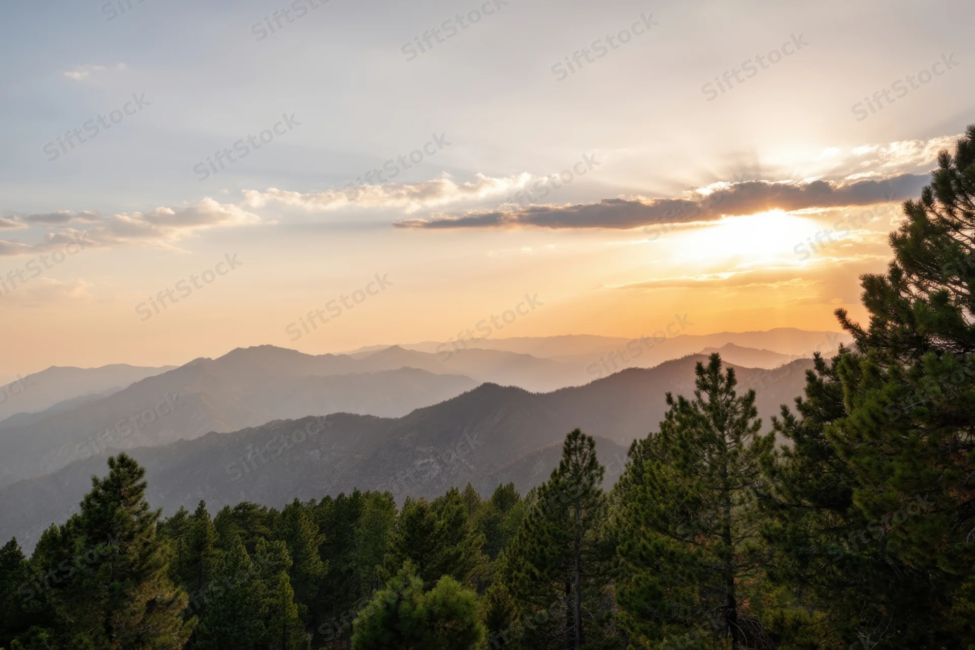 Mountain range at sunset with golden rays breaking through clouds above a pine forest