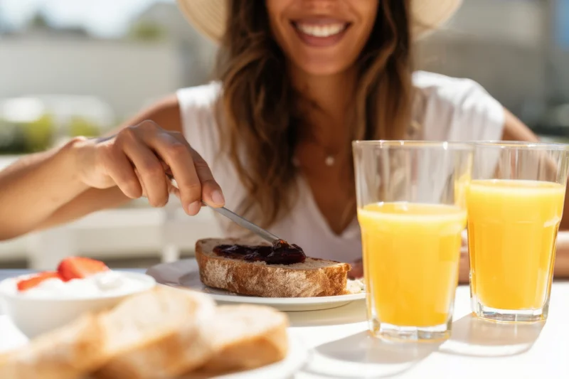 Woman smiling while spreading jam on toast at an outdoor brunch table