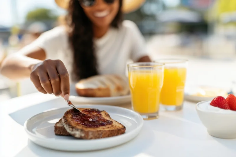 Woman spreading jam on toast at outdoor brunch table with orange juice and strawberries