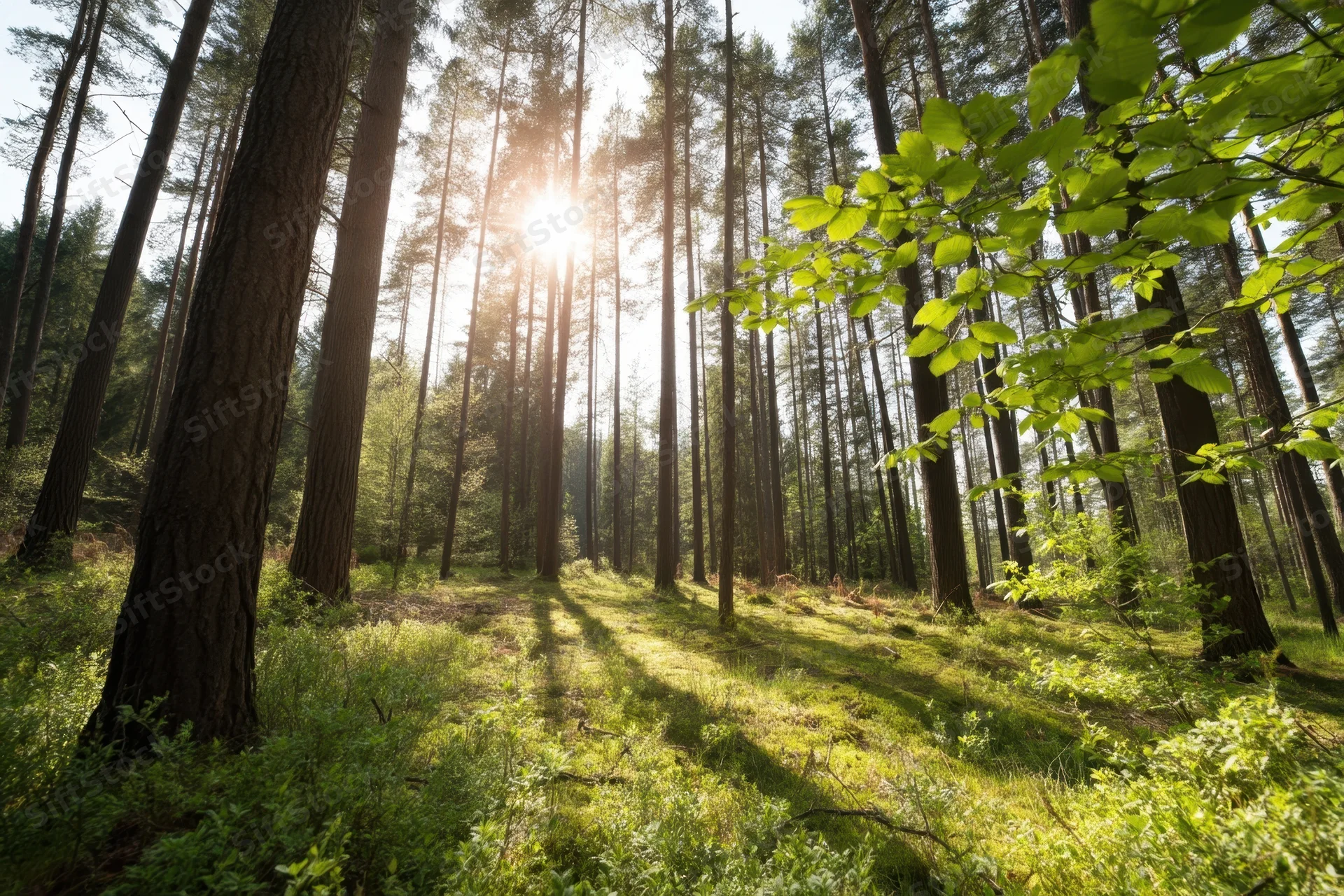Sunlit pine forest with tall trunks and dappled light on mossy ground