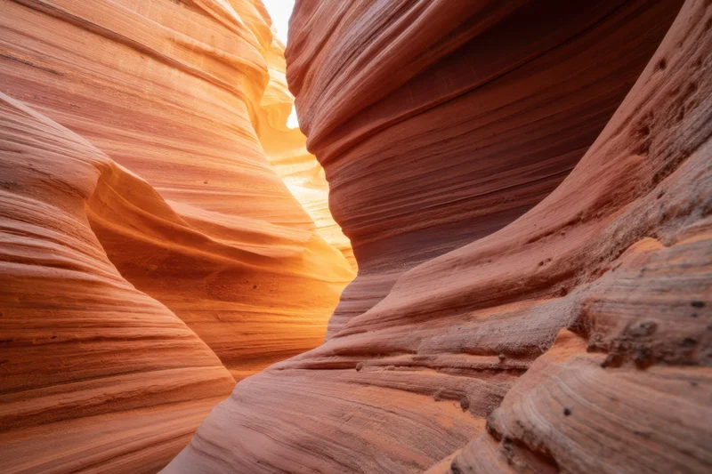 Sunlit sandstone slot canyon with flowing orange and pink rock formations winding through desert landscape