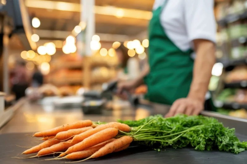Cashier in green apron at supermarket checkout with fresh carrots and parsley on counter