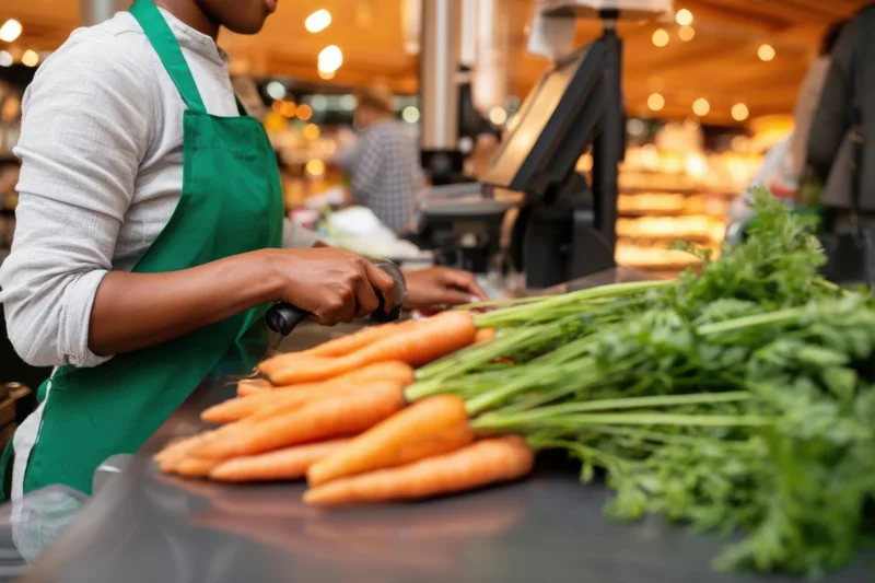 Cashier in green apron cutting carrots at supermarket checkout counter