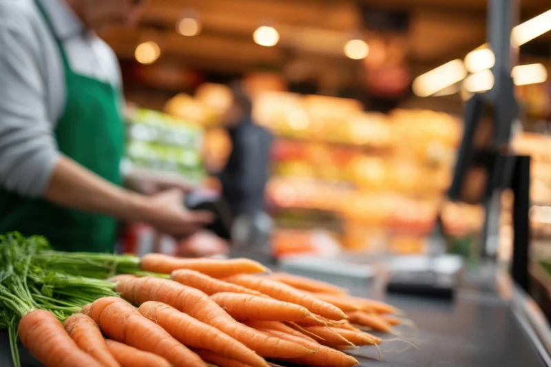 Carrots on checkout counter at supermarket with cashier in green apron scanning items