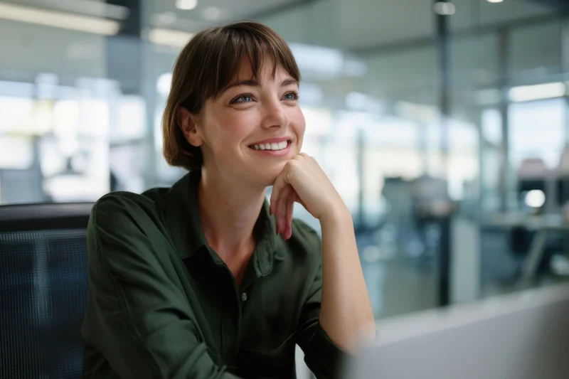 Young woman smiling thoughtfully at desk in modern office environment