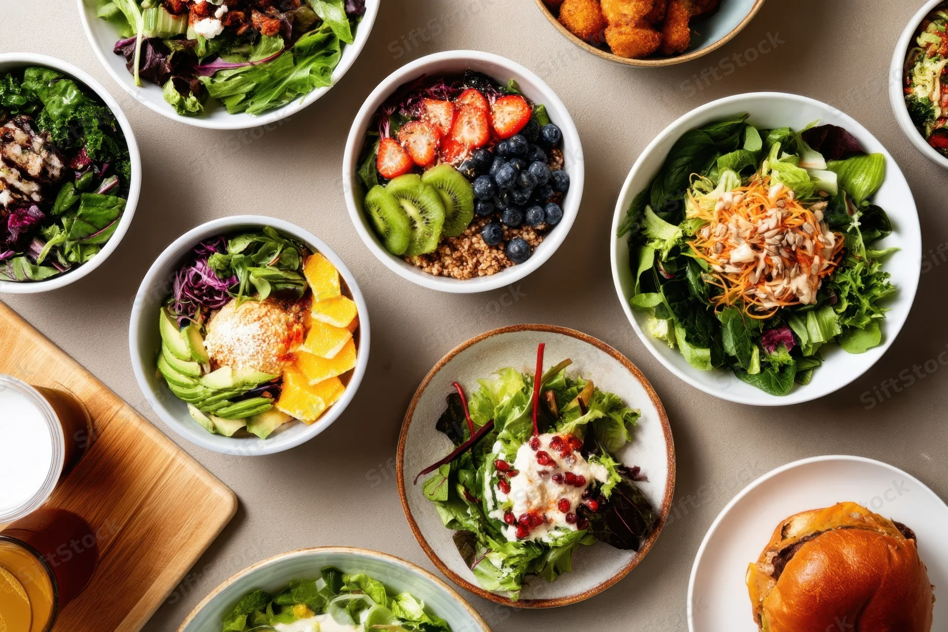 Top-down view of multiple colorful bowls filled with salads, fruits, grains, and garnishes arranged on a neutral surface with drinks and a burger on the side