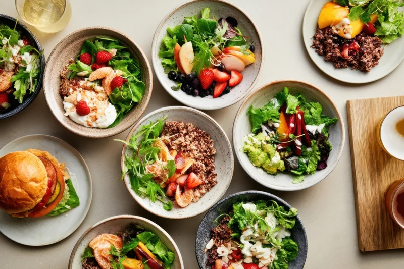 Top-down view of colorful bowls filled with salads, grains, fruits, and garnishes arranged on a table